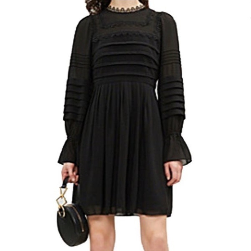 Ted Baker Arrebel Lace trimmed Dress Black Sz 1/XS Volume Sleeve Embroidered